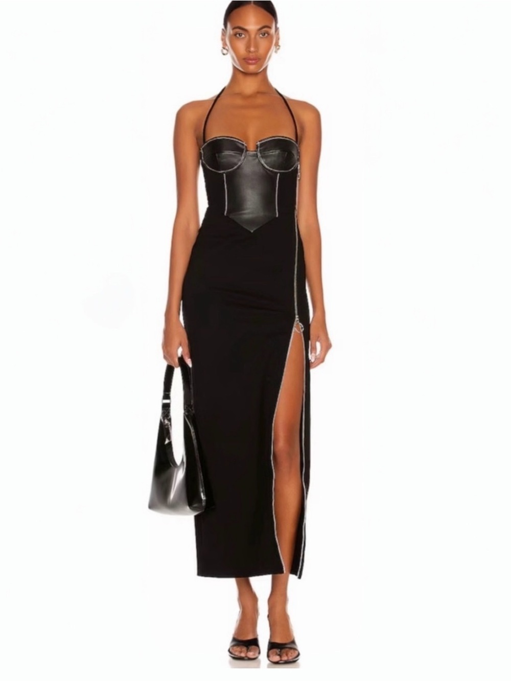 STAUD Hindley Faux Leather Corset Halter Neck Exposed Zipper Black Midi Dress - Picture 2 of 16